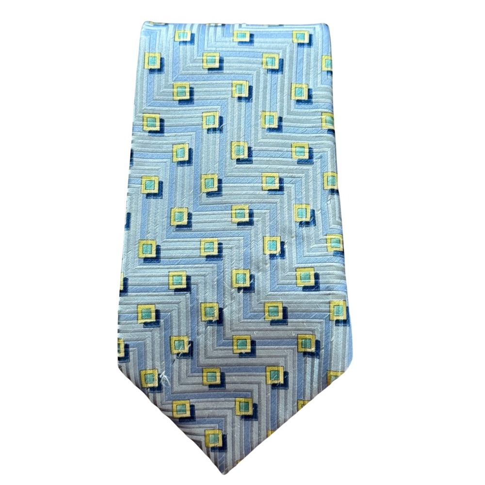 Ermenegildo Zegna Silk Tie Blue Yellow Geometric Zig Zag Made in‎ Italy Mens
